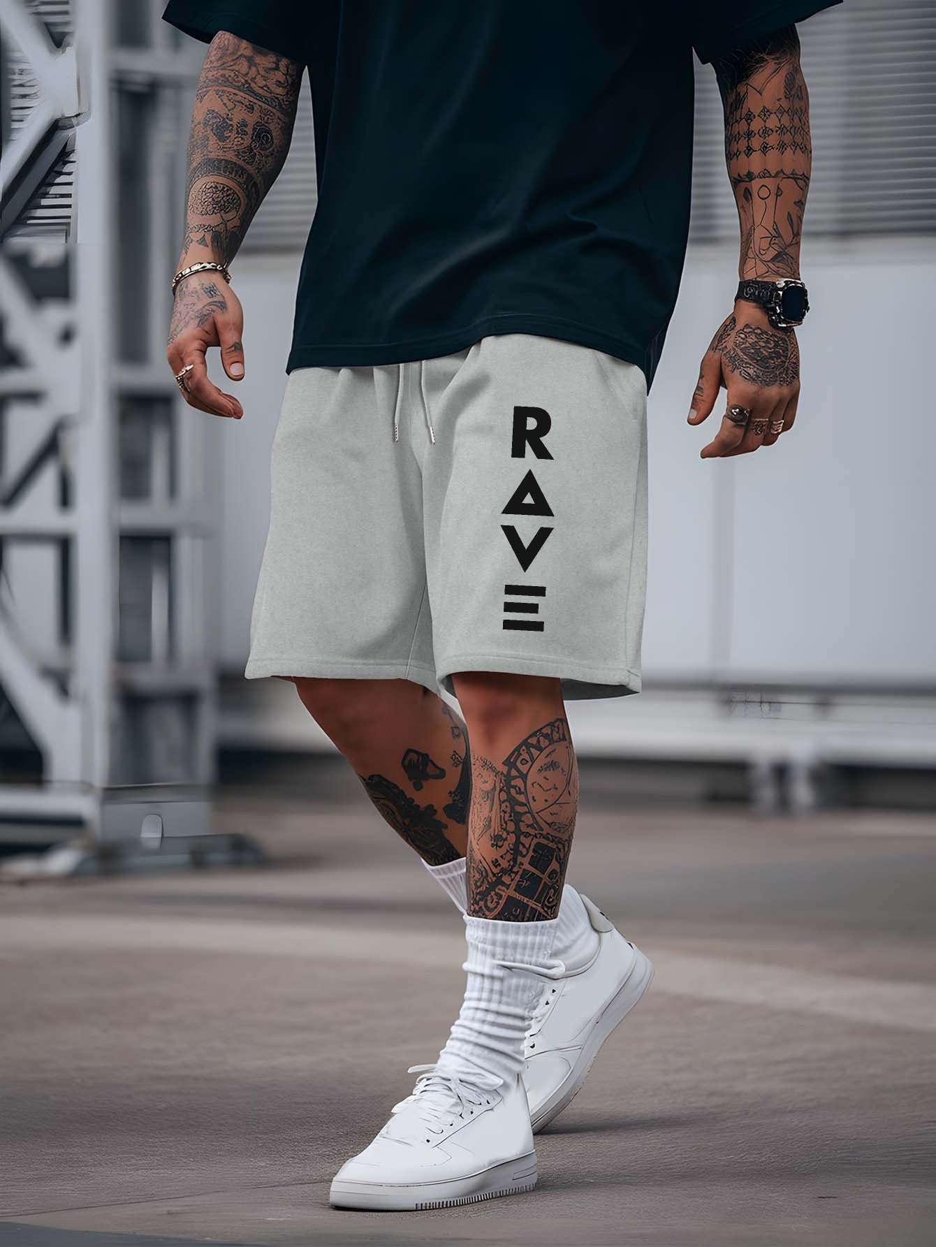 R V New Men's Summer Casual Shorts with RAVE Letter Print - Light Grey Regular Fit Outdoor Sports & Beach Vacation Shorts, American Fashion Trendy Lightweight Comfortable Design, Beach Vacation Apparel | Fashionable Casualwea