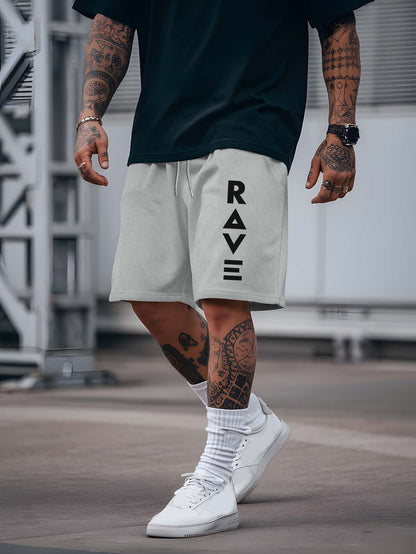 R V New Men's Summer Casual Shorts with RAVE Letter Print - Light Grey Regular Fit Outdoor Sports & Beach Vacation Shorts, American Fashion Trendy Lightweight Comfortable Design, Beach Vacation Apparel | Fashionable Casualwea