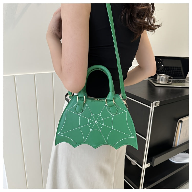 Halloween Women'S Bat Wing Spider Web Handbag - Lightweight Synthetic Faux Leather Tote with Geometric Spider Web Design, Zipper Closure & Detachable Strap, Gothic Style for Daily Use or Party Outfits, Durable Polyester Linin