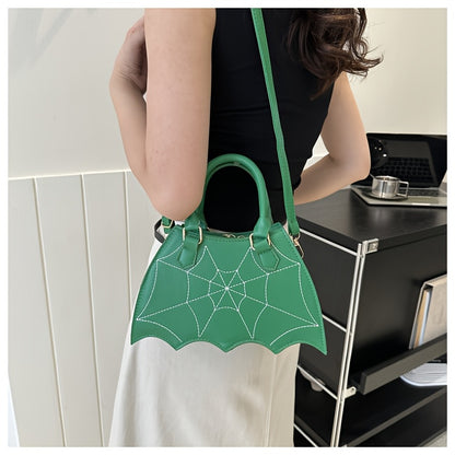 Halloween Women'S Bat Wing Spider Web Handbag - Lightweight Synthetic Faux Leather Tote with Geometric Spider Web Design, Zipper Closure & Detachable Strap, Gothic Style for Daily Use or Party Outfits, Durable Polyester Linin