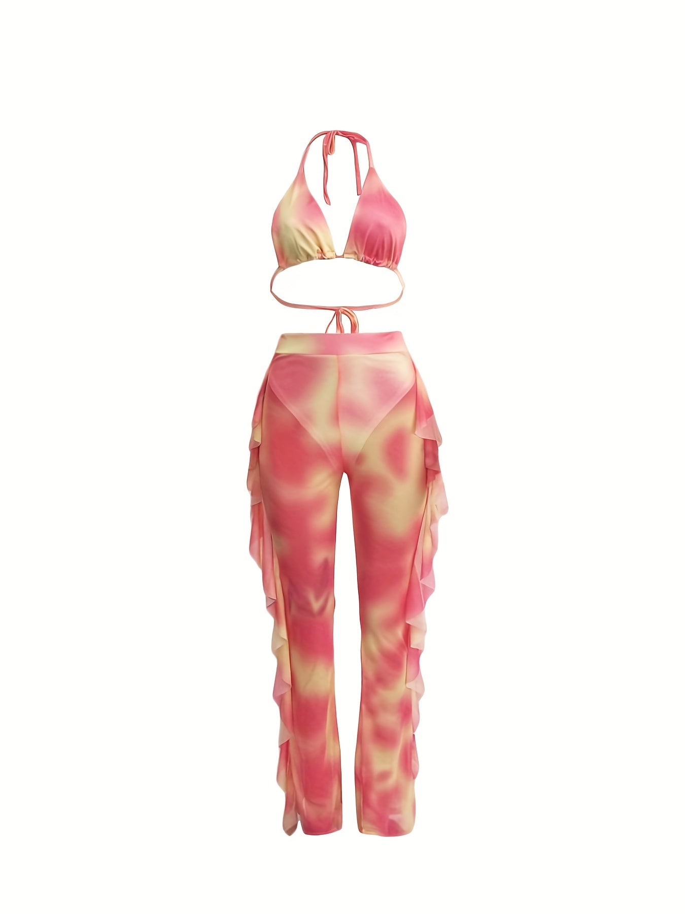 Sexy Tie Dye Matching Two-piece Set, Crop Halter Top & Fringe Hem Pants Outfits, Women's Clothing