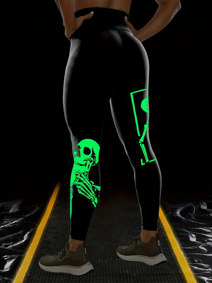 Halloween Fluorescent Skeleton Hands Printed Sports Yoga Leggings, High Waist Workout Running Sports Tight Pants, Women's Activewear Carnaval for carnival & Music Festival