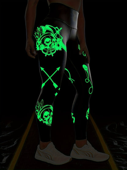 Halloween Fluorescent Skeleton Hands Printed Sports Yoga Leggings, High Waist Workout Running Sports Tight Pants, Women's Activewear Carnaval for carnival & Music Festival