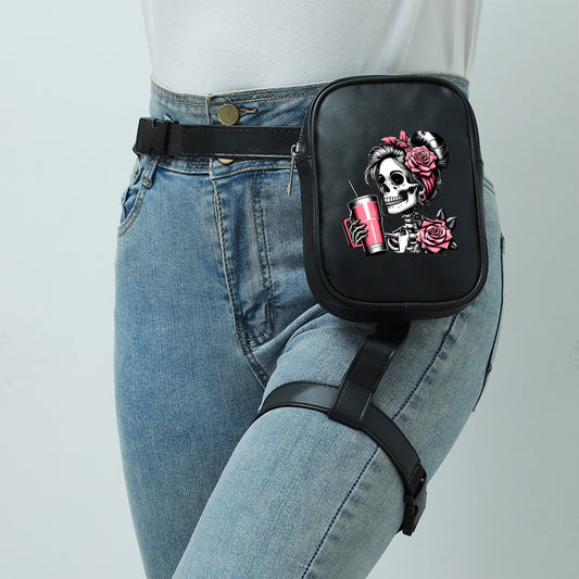 Gothic Skull Print Adjustable Waist Bag - Lightweight Foldable Nylon Sports Pack for Running Cycling Fitness, Black with Pink Roses & Straws Design, Multi-Functional Phone Storage Mini Leg Pack, Cycling Storage Bag | Edgy Fas