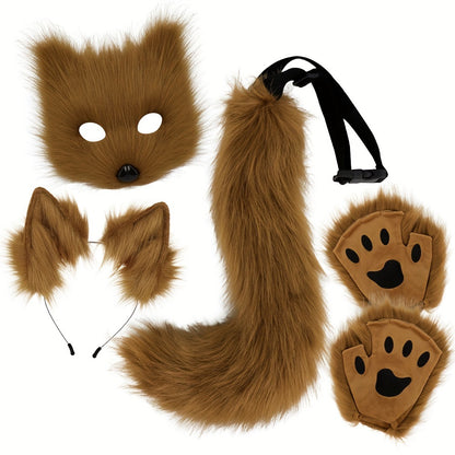 [Halloween Christmas] 4pcs Set, Adjustable Faux Fox Fur Mask Costume - Bendable Tail, Ears Headband and Gloves - Halloween/Christmas Role Play, Carnival Party, Without Battery