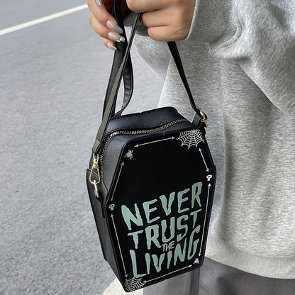1pc Halloween Coffin-Shaped Fashion Shoulder Bag for Women, Sexy Gothic Faux Leather Crossbody Purse with "Never Trust The Living" Print, Zip Closure, Polyester Lining, and Edge Detailing