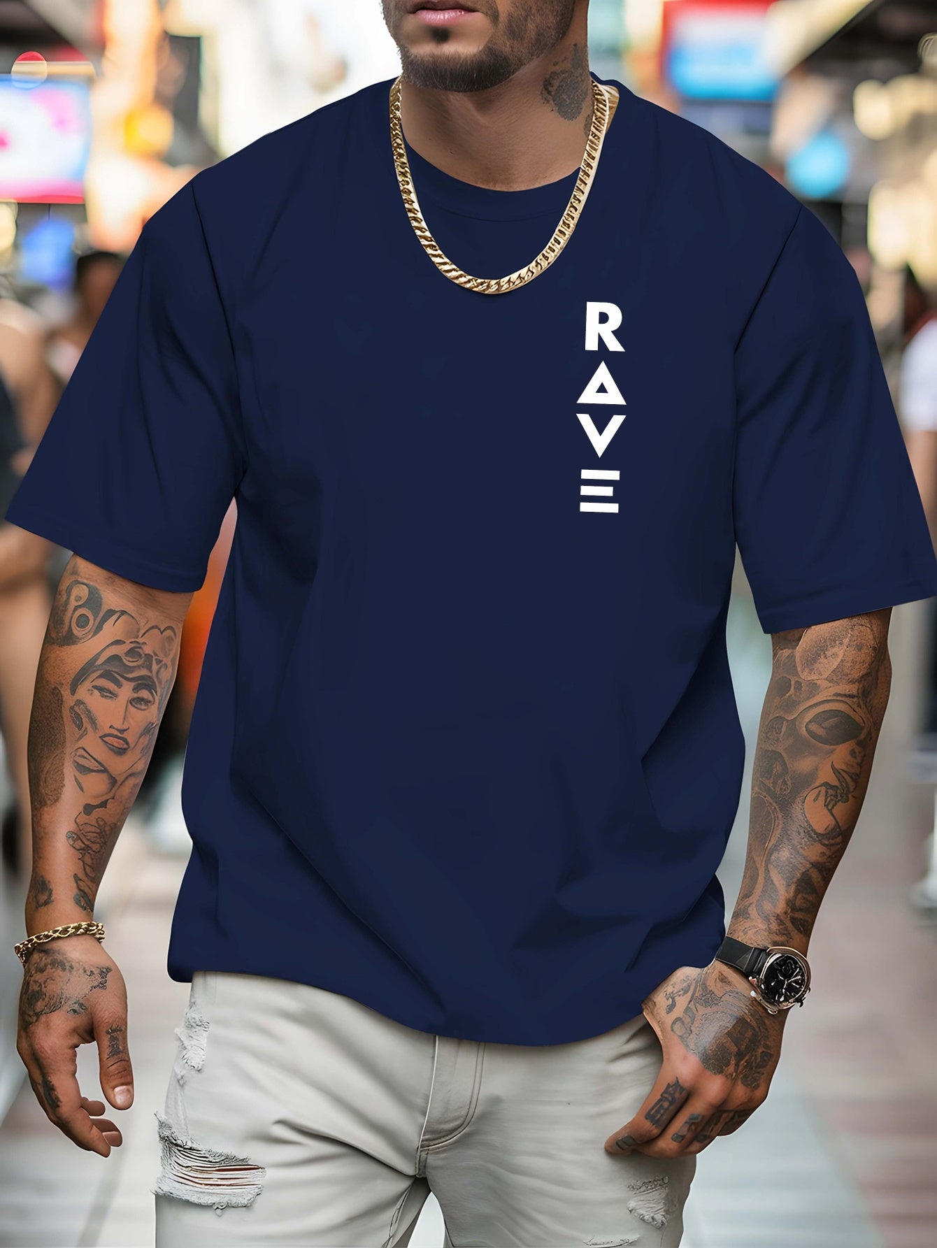 R V Men's Short Sleeve T-Shirt - Vibrant Yellow with Bold RAVE Graphic Print, Breathable Round Neck Casual Top for Summer Beach Resorts & Outdoor Activities