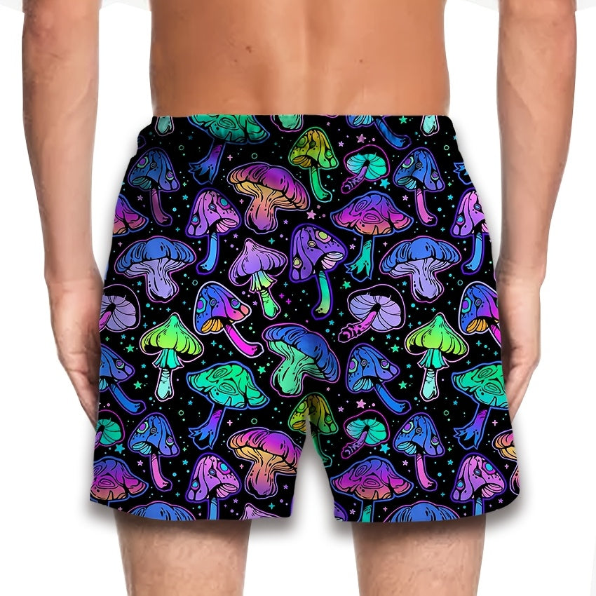 Men's Retro Neon Mushroom 3D Print Casual Athletic Shorts - Vibrant Psychedelic Design, Drawstring Waist, Comfortable for Basketball & Streetwear