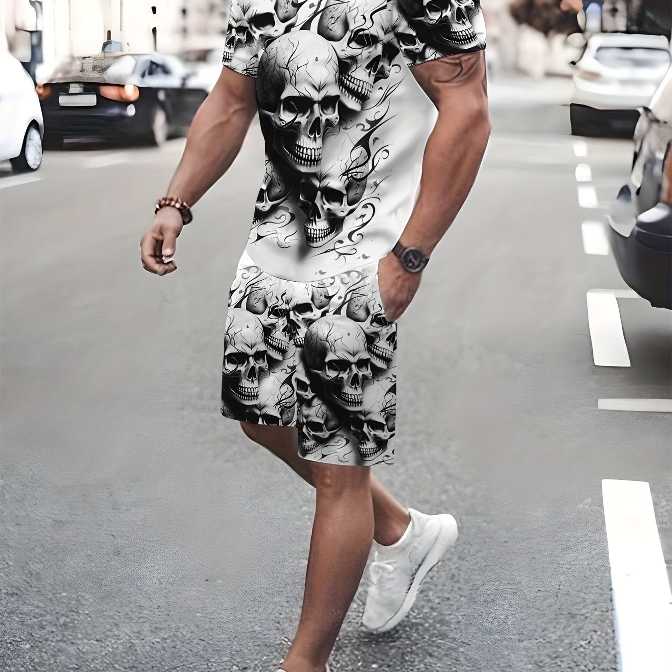 [Skull Print Set] 2pcs Men's Skull Print Set - 3D Graphic T-Shirt & Shorts | Summer Casual Sportswear, Black & White Skull Design, Comfortable Polyester Fabric, Perfect for Casual Attire, Graphic Print Clothing, Comfortable F