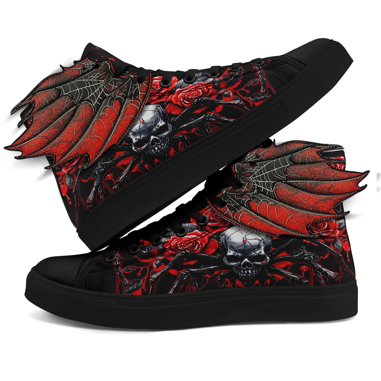 [Gothic Punk Sneakers] Gothic Punk Sneakers for Men - High-Top Shoes with 3D Red Flame Skull & Wing Design | Lace-Up Closure for Halloween, Gothic Parties, Everyday Streetwear | All-Season Comfortable, Casual Sport, Horror Ae