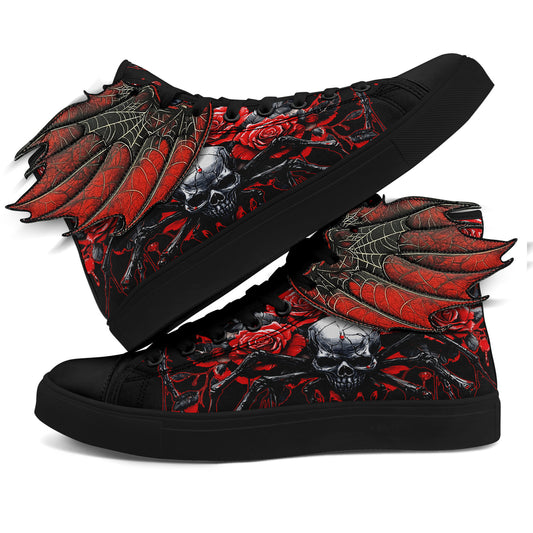 [Gothic Punk Sneakers] Gothic Punk Sneakers for Men - High-Top Shoes with 3D Red Flame Skull & Wing Design | Lace-Up Closure for Halloween, Gothic Parties, Everyday Streetwear | All-Season Comfortable, Casual Sport, Horror Ae