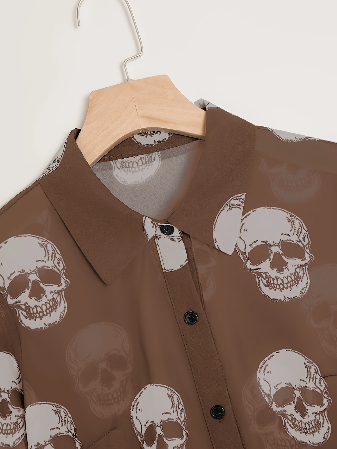 Women'S Elegant Halloween Skull Print Shirt, 100% Polyester Linen Blend, All-Season Lapel Collar, Woven Fabric, 180gsm - Adult Fashion Top
