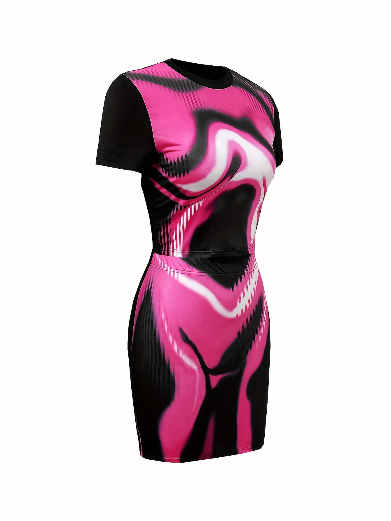 Sexy Slim Body Print Skirt Set, Short Sleeve Skinny Crop Top & Bodycon Mini Skirt Outfits, Women's Clothing