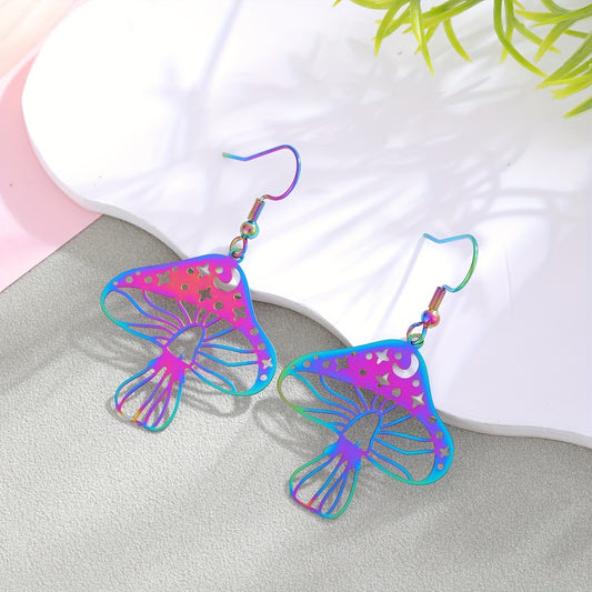 Pair of Stainless Steel Bohemian Mushroom Earrings - Colorful Hollow-Out Dreamy Fantasy Design with Gradient Pink to Blue & Star Accents, Lightweight Durable Jewelry for Men & Women, Unique Gift for Casual or Formal Occasions
