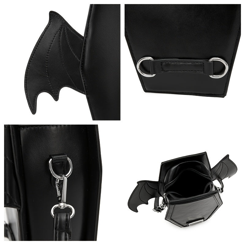 Black Punk Style Bat Wing Backpack - Adjustable Straps, Zipper Closure,, Gothic Coffin Design for Halloween, Parties & Casual Use