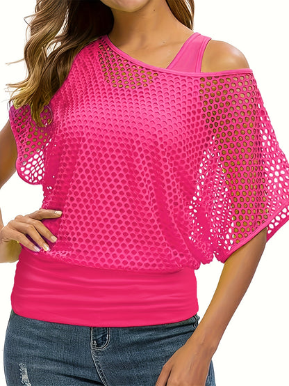 Two-Piece Set Women's Casual Sexy Neon '80s Vacation Tank Top + Fishnet Off-Shoulder T-Shirt
