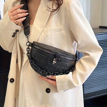 [Skull Crossbody Bag] Skull Embossed Women's Black Crossbody Bag | Versatile Shoulder & Waist Purse with Zipper Closure, Polyester Lining | Perfect for Halloween or Everyday Use, Halloween Accessories