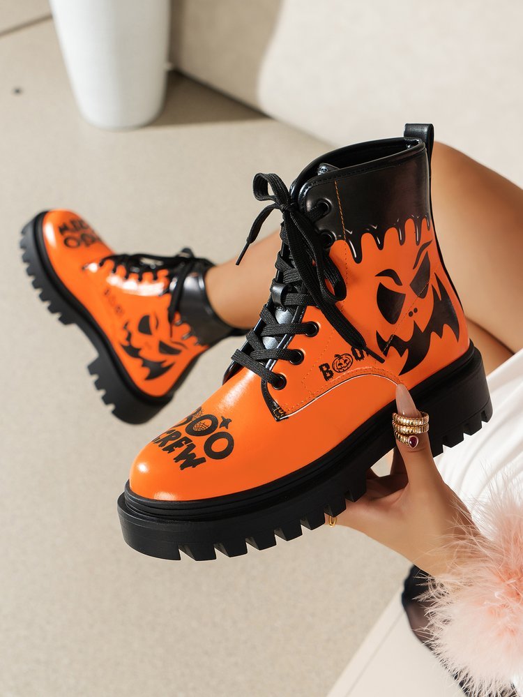 Trendy Plus Size Women's Halloween Print Lace-Up Boots - Thick Low Heel Round Toe PU Cover Short Boots with Rubber Sole, All-Season Comfort for Casual & Festive Occasions