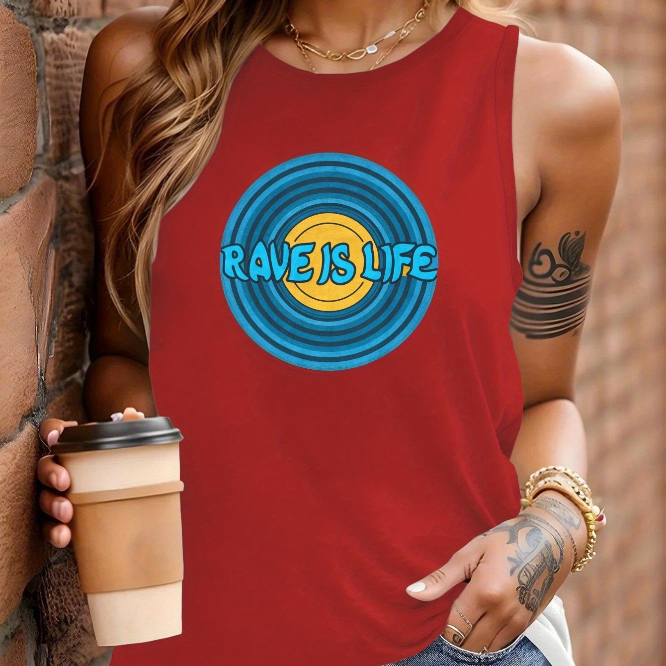 Rave Is Life Women's Sleeveless Vest - Vibrant Red Geometric Circular Design, Casual Round Neck, Machine Washable All-Season Wear for Festivals, Parties & Everyday Outfits, Rave Accessories, Festival Outfit, Bold Graphic, Lig
