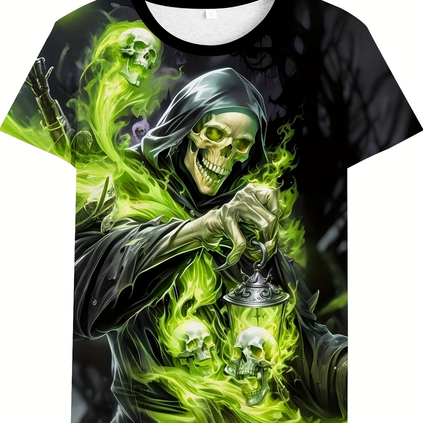 Men'S Casual Crew Neck T-Shirt with 3D Skeleton Print, Green Flame and Skulls Design, Lightweight Polyester Fabric, Regular Fit Short Sleeve Tee for Casual Attire, Outdoor Tshirt | Unique Graphic Tee | Durable Casualwea