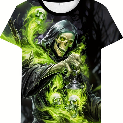 Men'S Casual Crew Neck T-Shirt with 3D Skeleton Print, Green Flame and Skulls Design, Lightweight Polyester Fabric, Regular Fit Short Sleeve Tee for Casual Attire, Outdoor Tshirt | Unique Graphic Tee | Durable Casualwea