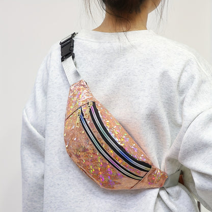 Holographic Sequin Waist Bag for Women - Stylish Crossbody Belt Bag with Adjustable Strap, Zipper Closure, And Glittery Purple, White, And Pink Patterns - Perfect for Outdoor Activities, Travel, And Everyday Fashion, Crossbod
