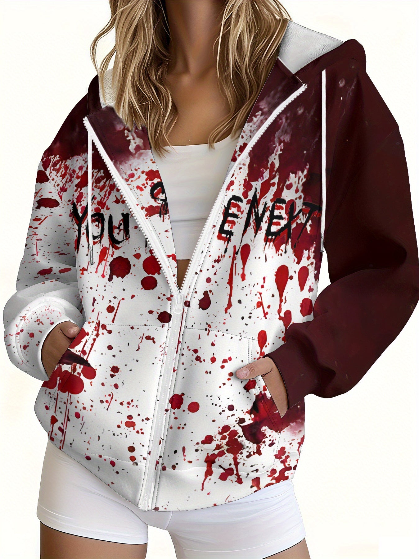 Women's Gothic Horror Jacket - Two-Tone Red Blood Splatter Hooded Zipper Coat, Halloween Costume Outerwear, Machine Washable Party Jacket for Themed Events & Casual Attire, Casual Streetwear, Edgy Fashion, Comfortable Fit, St