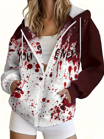 Women's Gothic Horror Jacket - Two-Tone Red Blood Splatter Hooded Zipper Coat, Halloween Costume Outerwear, Machine Washable Party Jacket for Themed Events & Casual Attire, Casual Streetwear, Edgy Fashion, Comfortable Fit, St