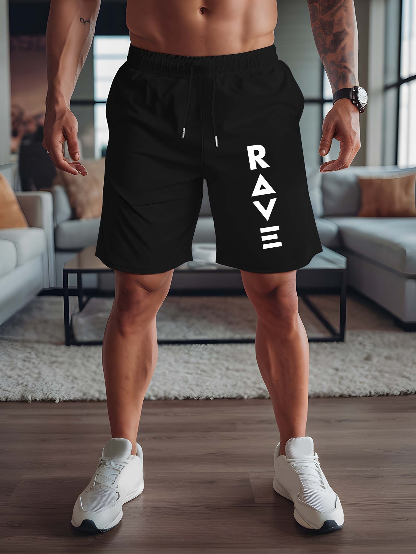 R V New Men's Summer Casual Shorts with RAVE Letter Print - Light Grey Regular Fit Outdoor Sports & Beach Vacation Shorts, American Fashion Trendy Lightweight Comfortable Design, Beach Vacation Apparel | Fashionable Casualwea