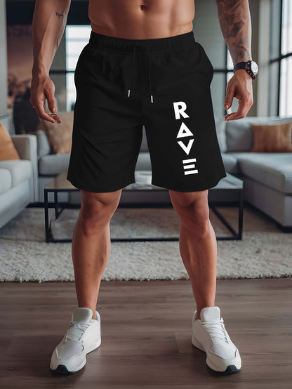 R V New Men's Summer Casual Shorts with RAVE Letter Print - Light Grey Regular Fit Outdoor Sports & Beach Vacation Shorts, American Fashion Trendy Lightweight Comfortable Design, Beach Vacation Apparel | Fashionable Casualwea