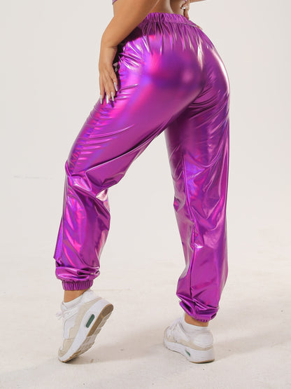 Women's Vibrant Purple Casual Tapered Leggings with Elastic Waistband & Side Pockets - Medium-Stretch All-Season Comfort for Lounge, Workouts & Casual Attire, Leggings, Lounge Wear, Fashionable Jogger Style, Medium Elasticity