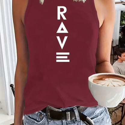 Women'S Casual RAVE Graphic Tank Top - Sleeveless, Round Neck, Light Brown with White Lettering, All-Season Fashion, Casual Attire|Bold Lettering Top|Durable Fabric