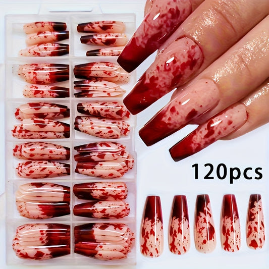 120pcs Blood Red Gothic Nail Extensions Kit - Long Full Set Press On Nails with Dripping Blood Effect, Glossy Fake Nails & Liquid Red Polish for Halloween, Parties, Casual Attire - Easy Application, Comfortable & Durable (120