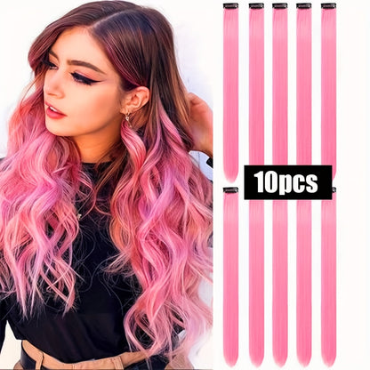 10pcs Glowing Clip-In Synthetic Hair Extensions 20-Inch Colorful Neon Glow-in-the-Dark Wigs, Easy-to-Wear Clip Design, Smooth Soft Texture, Women'S Daily Fashion Accessory for Halloween New Year Parties