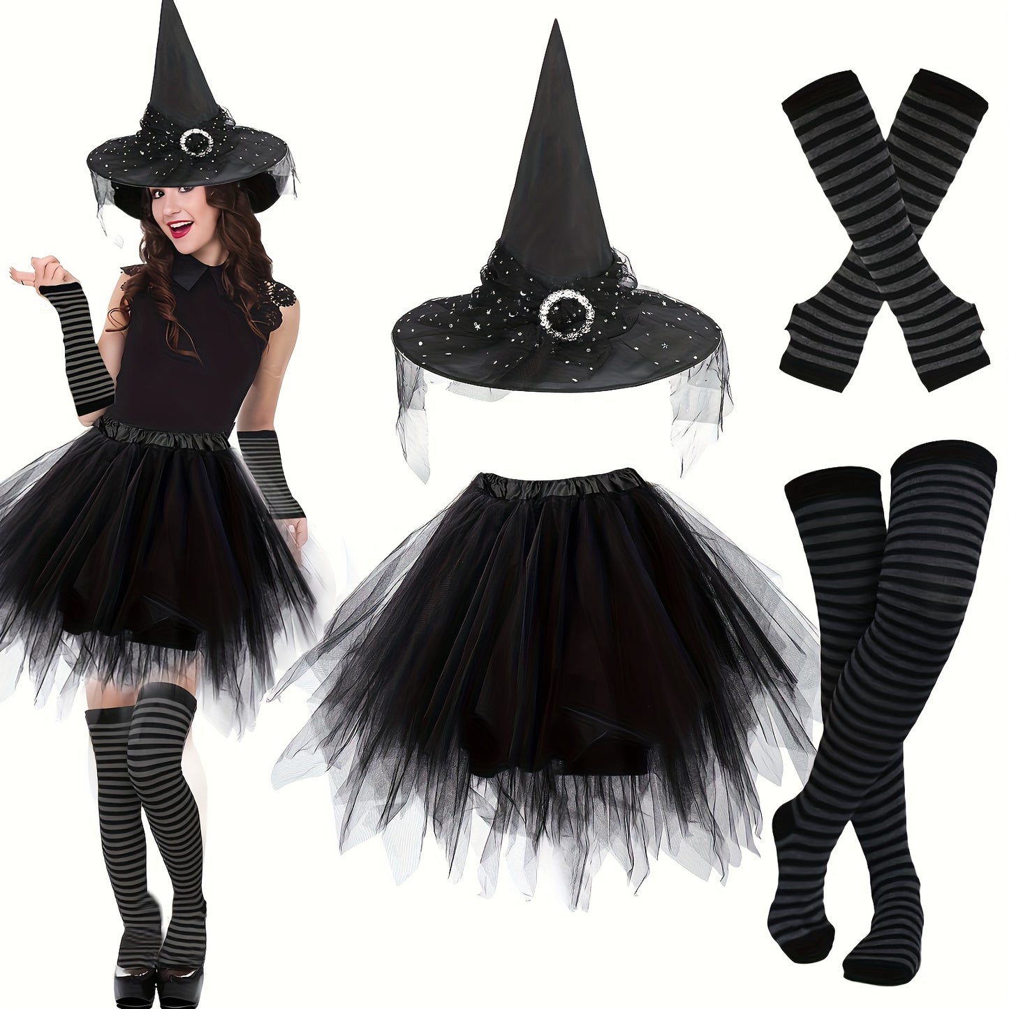 4pcs Halloween Witch Costume Set for Women Ladies Gothic Cosplay Witch Hat Striped Knee High High Over Knee Witch Stockings Arm Warmers Tutu Skirt Set for Women Halloween Witch Cosplay Party Favor Cosplay Costume Accessories