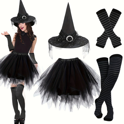 4pcs Halloween Witch Costume Set for Women Ladies Gothic Cosplay Witch Hat Striped Knee High High Over Knee Witch Stockings Arm Warmers Tutu Skirt Set for Women Halloween Witch Cosplay Party Favor Cosplay Costume Accessories