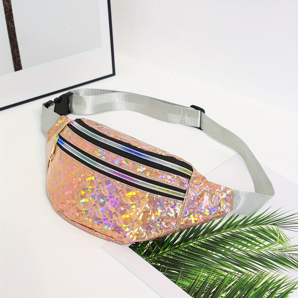Holographic Sequin Waist Bag for Women - Stylish Crossbody Belt Bag with Adjustable Strap, Zipper Closure, And Glittery Purple, White, And Pink Patterns - Perfect for Outdoor Activities, Travel, And Everyday Fashion, Crossbod