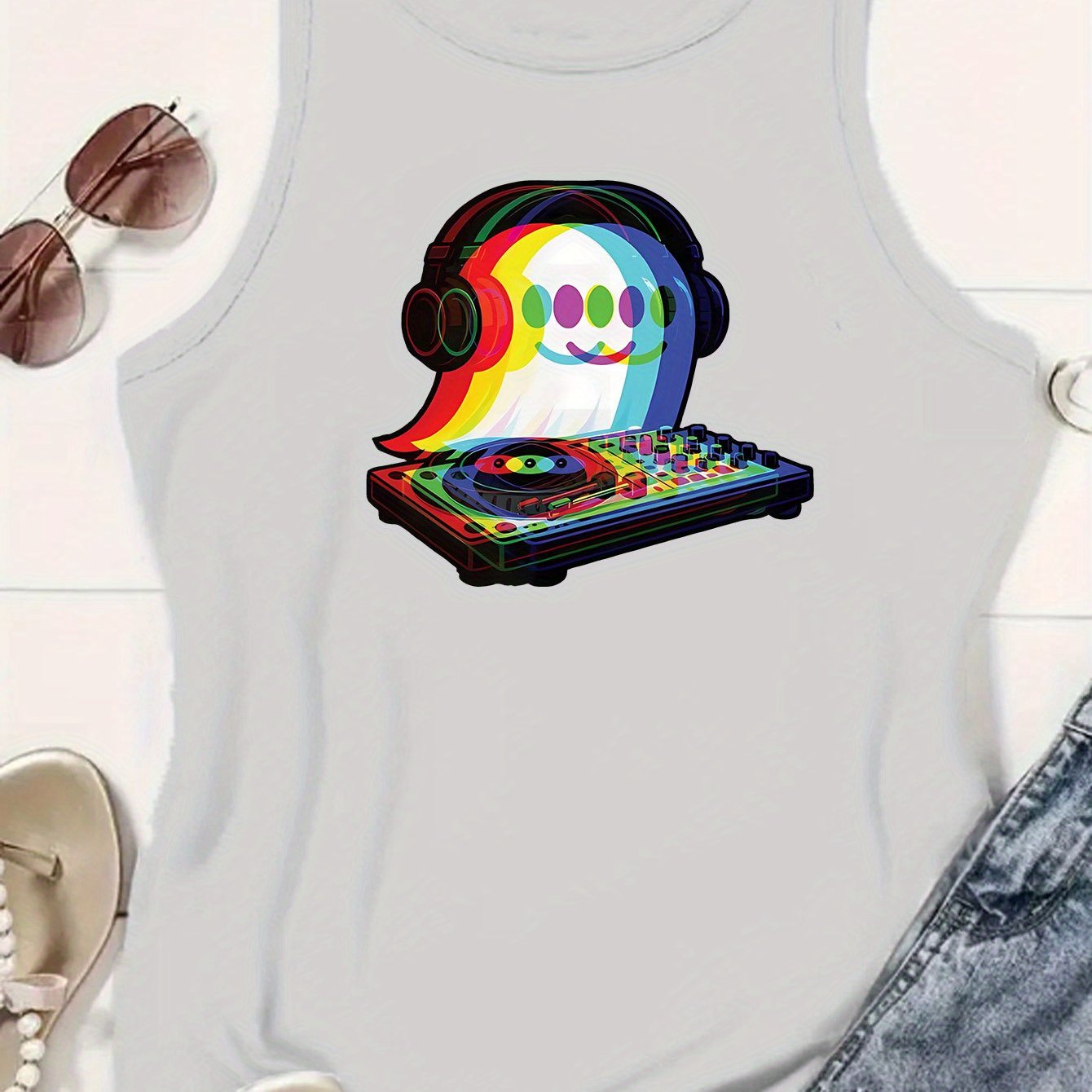 Women's Casual Sleeveless Tank Top with DJ Music Graphic Print - EDM Rave-Inspired Acid House & Psychedelic Pop Design, Stretchy Comfort Fit, Machine Washable for Clubbing, Festivals & Casual Attire, Ladies Tank Tops, Festiva