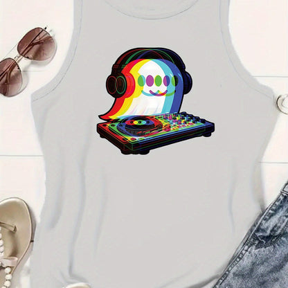 Women's Casual Sleeveless Tank Top with DJ Music Graphic Print - EDM Rave-Inspired Acid House & Psychedelic Pop Design, Stretchy Comfort Fit, Machine Washable for Clubbing, Festivals & Casual Attire, Ladies Tank Tops, Festiva