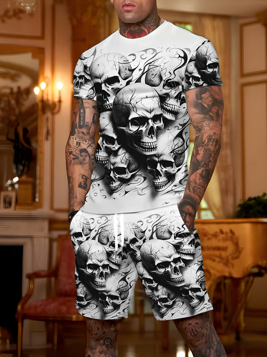 [Skull Print Set] 2pcs Men's Skull Print Set - 3D Graphic T-Shirt & Shorts | Summer Casual Sportswear, Black & White Skull Design, Comfortable Polyester Fabric, Perfect for Casual Attire, Graphic Print Clothing, Comfortable F