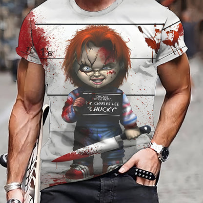 Men'S Halloween Graphic T-Shirt - 3D Print Chucky Design with Blood Splatter, Black Shorts, and Knives, Casual Crew Neck Tee for Casual Attire, Halloween Shirts