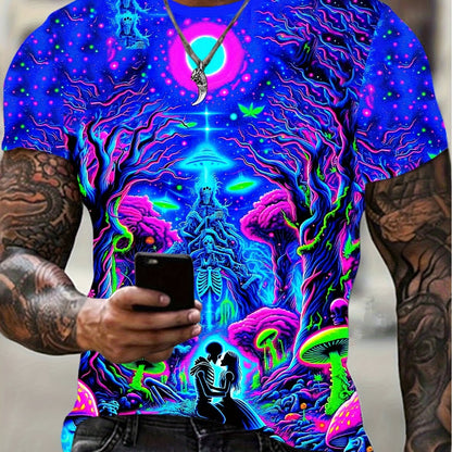 Men's 3D Printed Geometric Cosmic Scene Casual T-Shirt - Vibrant Neon Colors, Machine Washable Crew Neck Short Sleeve Top for Summer Outdoor Activities, Artistic Back Design
