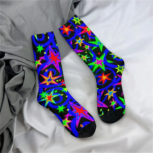 1 Pair Unisex Neon Star Print Crew Socks – Fun, Colorful, and Comfortable Knee-High Socks for Indoor & Outdoor Activities, Perfect Gift for Men and Women, Streetwear Accessories | Vibrant Sock Style | Stretchy Fabric Socks,