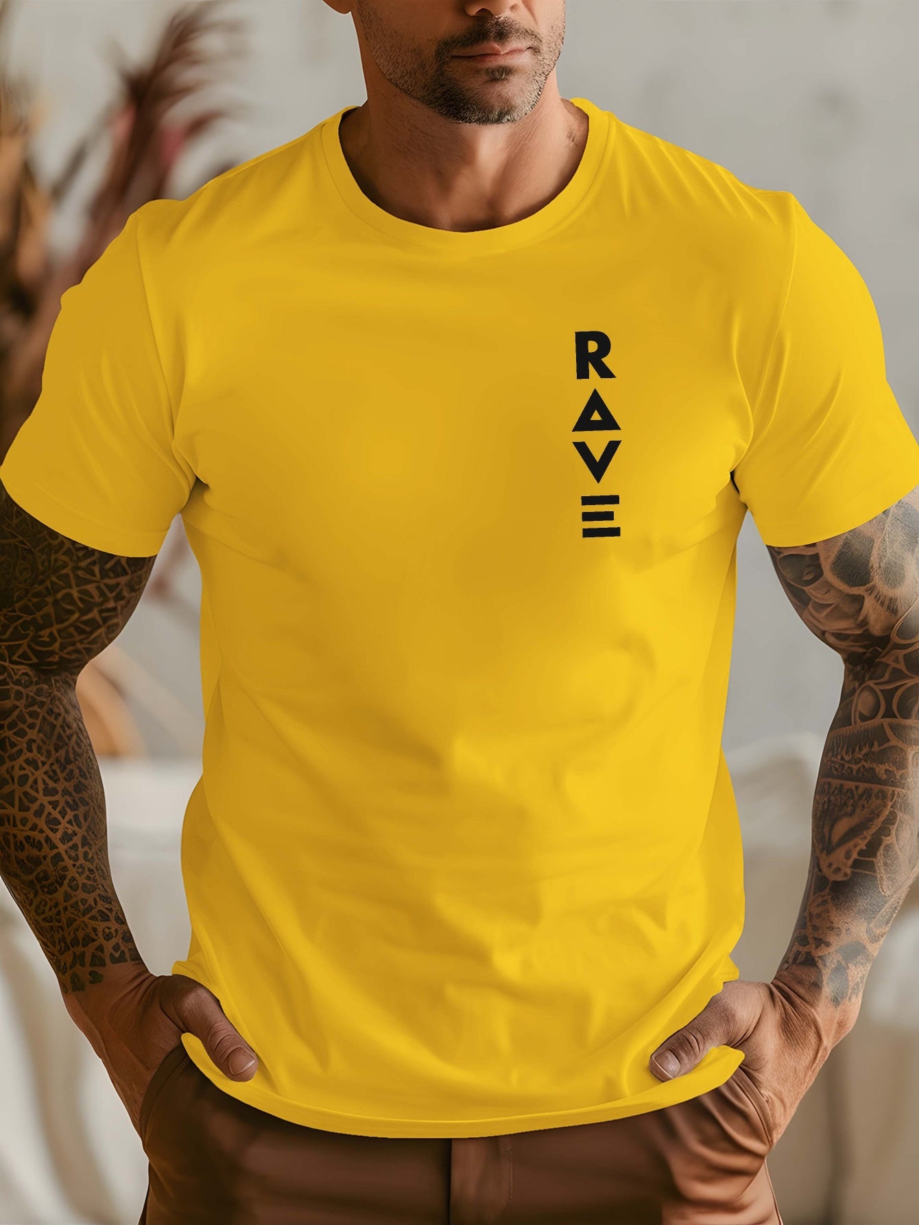 R V Men's Short Sleeve T-Shirt - Vibrant Yellow with Bold RAVE Graphic Print, Breathable Round Neck Casual Top for Summer Beach Resorts & Outdoor Activities