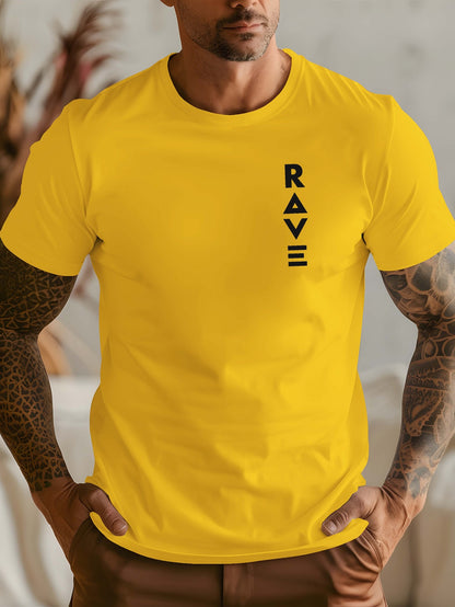 R V Men's Short Sleeve T-Shirt - Vibrant Yellow with Bold RAVE Graphic Print, Breathable Round Neck Casual Top for Summer Beach Resorts & Outdoor Activities