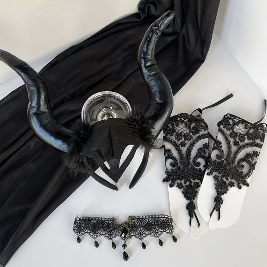[Halloween Devil Costume Set] 5pcs Halloween Devil Costume Set | Black Witch Cape, Devil Horns Headband, Lace Fingerless Gloves, Gothic Queen Dress Up, Carnival Wizard Party Accessories