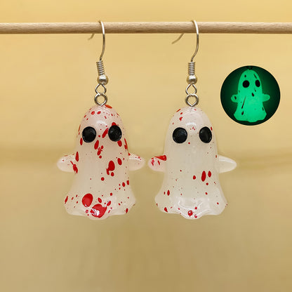 1 Pair Halloween Glow-in-the-Dark Ghost Earrings - Gothic Resin Dangle Earrings with Red Irregular Dot Design, Random Size & Position for Women, Halloween Party & Casual Attire, Festive Accessories, Glowindark Feature, Durabl