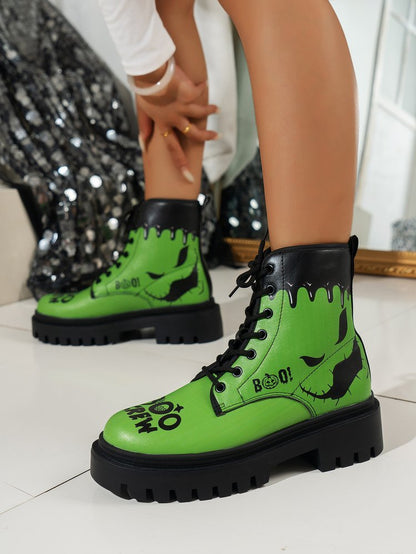 Trendy Plus Size Women's Halloween Print Lace-Up Boots - Thick Low Heel Round Toe PU Cover Short Boots with Rubber Sole, All-Season Comfort for Casual & Festive Occasions