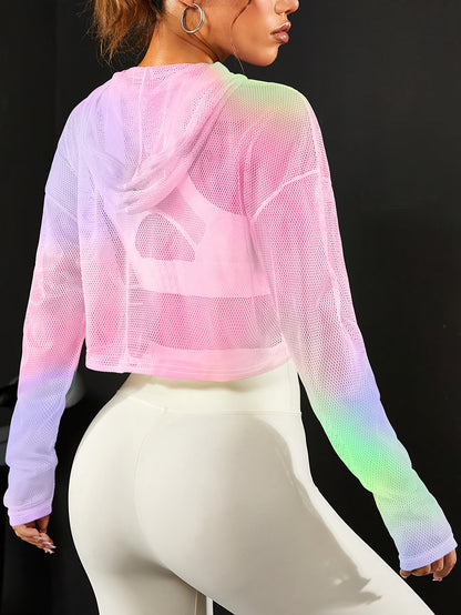 Gradient Color Loose-Fit Breathable Mesh Hoodie - Women's Casual Fashion Long Sleeve T-Shirt with Drawstring Hood, Colorful, Sports