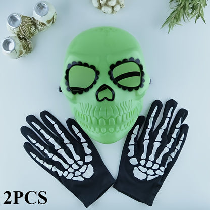 2pcs Glow-in-the-Dark Green Skull Series Luminous Mask & Gloves - Halloween Costume Party Accessory, Fashionable Plastic Makeup Masks for Nighttime Festivities, Halloween Costumes, Glowing Mask, Glowindark Feature